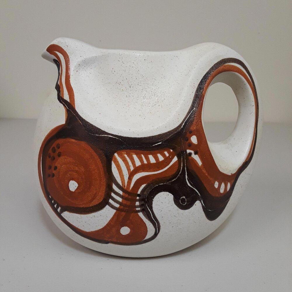 Vintage MCM 1960s Stoneware Pitcher Abstract Neolithic Art